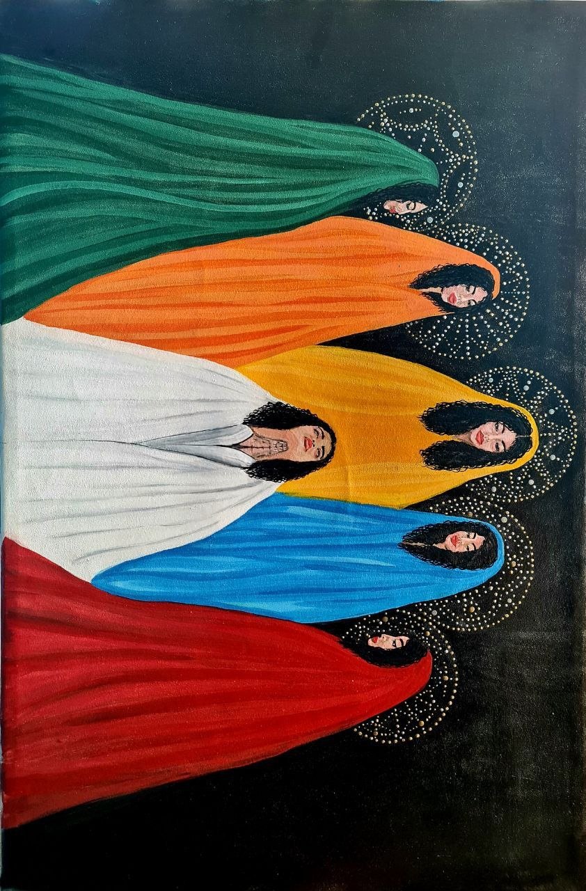 Six women in green, orange, yellow, blue, red and white garments against a dark ground